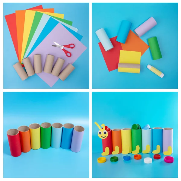 DIY Sommer Papierbasteln für Kinder, wie man eine Raupe macht, selbstgemachtes Basteln aus recycelten Materialien — Stockfoto