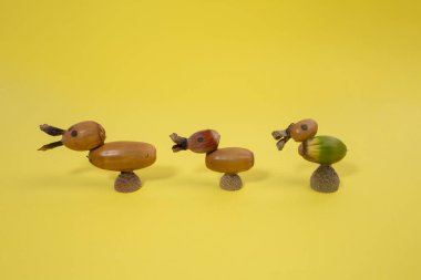 Sonbahar palamutlarından yapılmış soyut ördekler, çocuklar için doğa sanat projesi, DIY