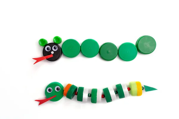 Çocuklar için DIY yaz sanatı, plastik şişe kapağından yılan yapmak, ev yapımı el işi, 