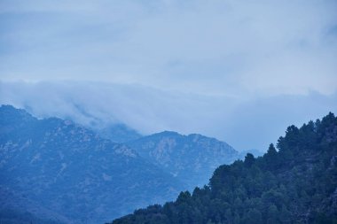 Yüksek dağlar bulutlar ve ormanlarla çevrili, mavi, fırtına, soğuk