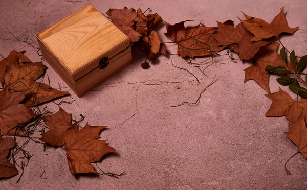 Caja Madera Sobre Piso Piedra Hojas Otoño Caja Cerrada Vista —  Fotos de Stock