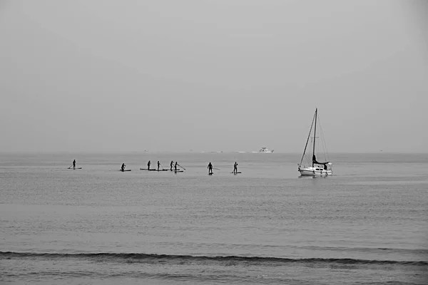 人々のグループは ヨット 黒と白 シルエット ビーチ ヨットの横にサーフィンパドル — ストック写真