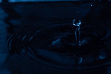 238.Damlacık dikey sütun ve eş merkezli dalgalanmalar oluşturur. Yüksek hızlı yakalama akışkan hareketi, yüzey gerilimi ve damlacık bütünlüğünü vurgular.