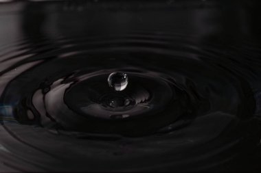 239.Damlacık suyun üzerinde süzülür ve eş merkezli dalgalanmalar oluşturur. Düşük ışıklandırma ve yansımalar akışkan hareketi, yüzey gerilimi ve dalga yayılımını vurgular.