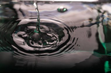 252.Sıvı akımı suya düşer ve yoğunlaşan dalgalanmalar oluşturur. Yeşil-beyaz ışıklandırmalı koyu tonlar akışkan hareketi, yüzey gerilimi ve soyut yansımaları vurgular.