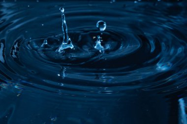 213.Su damlası yüzeye çarpar sıçrama ve eş merkezli dalgalanmalar oluşturur. Koyu mavi tonlar ve yansımalar akışkan hareketi ve yüzey gerilimini vurgular.