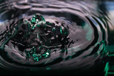 372.Koyu su yüzeyine yakın çekim merkezi kabarcıklar ve eş merkezli dalgalanmalar. Yeşil ve turkuaz yansımalar soyut doku yaratır. Işıklandırma akışkan hareket ve derinliği vurgular.