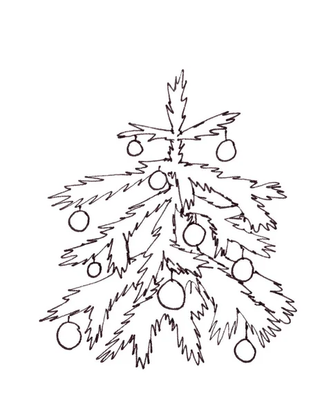 Árbol Navidad Con Bolas Dibujo Gráfico Blanco Negro Aislado Sobre — Foto de Stock