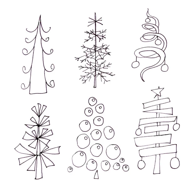 Conjunto Árboles Navidad Con Bolas Dibujo Gráfico Blanco Negro Aislado — Foto de Stock