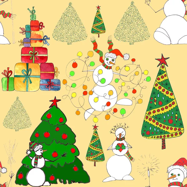 Vánoční Bezešvé Vzor Sněhuláky Stromy Dárky Grafické Barevné Náčrtky Žlutém — Stock fotografie