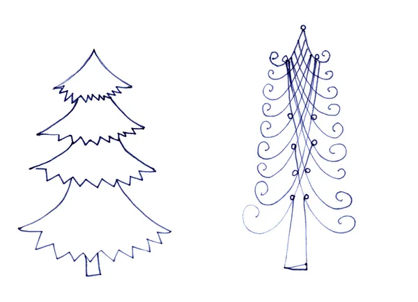 Conjunto Árboles Navidad Dibujo Gráfico Blanco Negro Aislado Sobre Fondo — Foto de Stock