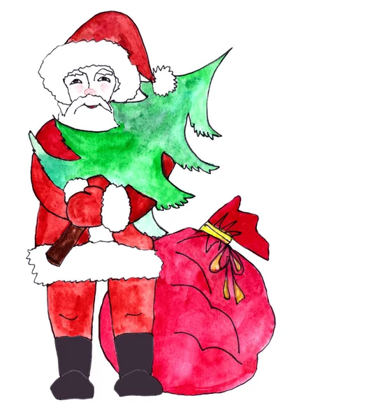 Père Noël Avec Arbre Noël Sac Cadeaux Illustration Graphique Aquarelle — Photo