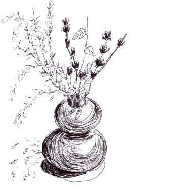 Vazoda bir buket kurumuş çiçek, beyaz arka planda siyah beyaz çizimler. Yüksek kaliteli illüstrasyon
