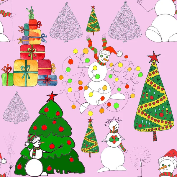 Kardan Adamların Ağaçların Hediyelerin Olduğu Kusursuz Bir Noel Deseni Pembe — Stok fotoğraf