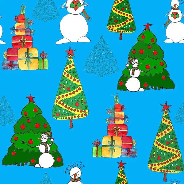 Рождественский Бесшовный Узор Снеговиками Елками Подарками Графический Набросок Цвета Синем — стоковое фото