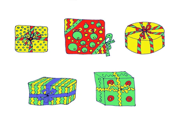 Conjunto Regalos Navidad Hermoso Embalaje Dibujo Gráfico Color Sobre Fondo — Foto de Stock