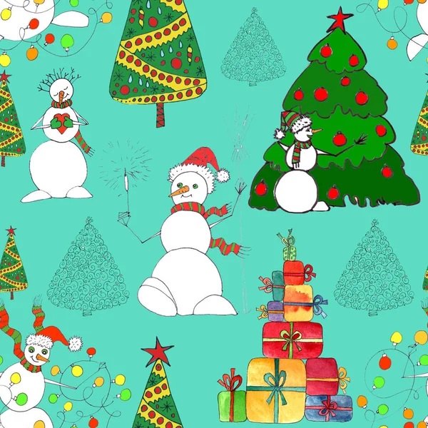 Рождественский Бесшовный Узор Снеговиками Елками Подарками Графический Набросок Цвета Бирюзовом — стоковое фото
