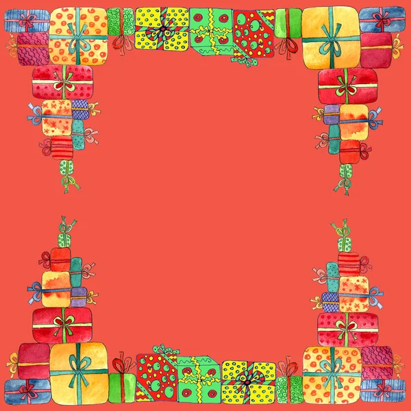 Rahmen Aus Weihnachtsgeschenken Grafische Farbzeichnung Auf Rotem Hintergrund Kopierraum Hochwertige — Stockfoto
