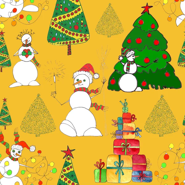 Patrón sin costuras de Navidad con muñecos de nieve, árboles y regalos, dibujo gráfico de color sobre fondo amarillo — Foto de Stock