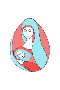 Noel, anne ve çocuk, anne ve çocuk, beyaz bir arka planda grafik renk çizimi