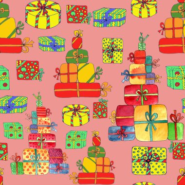Güzel bir pakette hediyeleri olan kusursuz bir Noel deseni. Pembe arka planda suluboya grafikler..