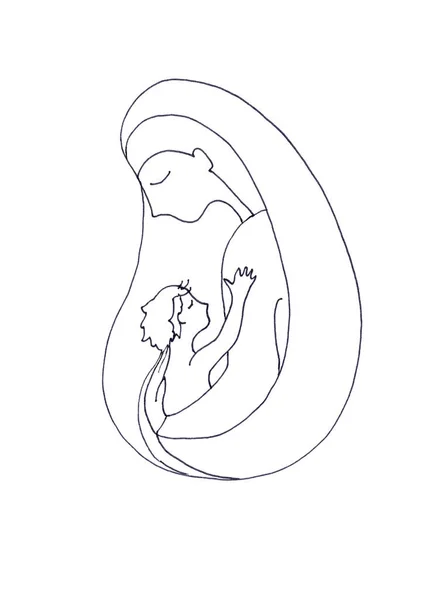 Natal, mãe e filho,, conceito gráfico desenho preto e branco sobre fundo branco — Fotografia de Stock