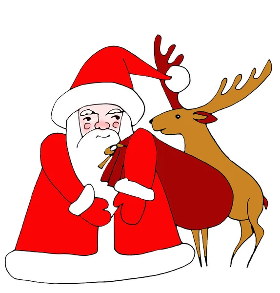 Weihnachtsmann mit einem Sack voller Geschenke und einem Hirsch, grafische Farbskizze auf weißem Hintergrund — Stockfoto