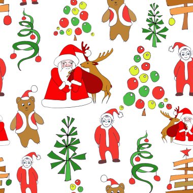 Noel Baba, ağaçlar ve diğer karakterlerle kusursuz bir Noel deseni, beyaz arka planda grafik doğrusal renk çizimi