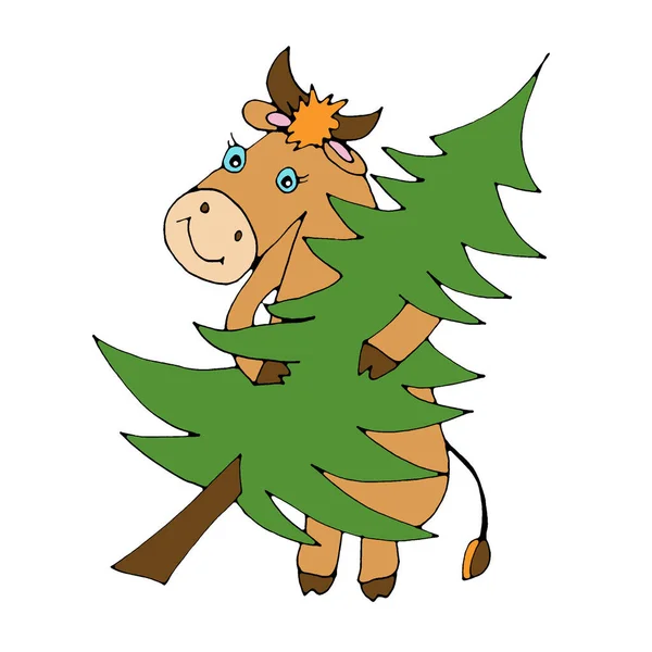 Kráva Vánočním Stromečkem Symbol 2021 Grafická Kresba Bílém Pozadí Vysoce — Stock fotografie