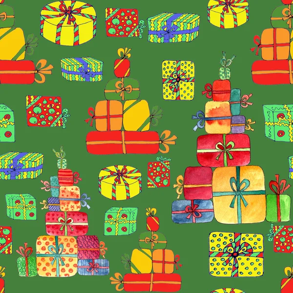 Рождественский Бесшовный Узор Подарками Красивой Упаковке Акварелью Графической Иллюстрации Зеленом — стоковое фото