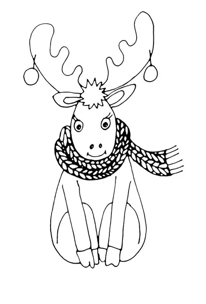 Boynuzlarında Noel Süsleri Olan Geyik Beyaz Arkaplanda Çizilmiş Doğrusal Siyah — Stok fotoğraf