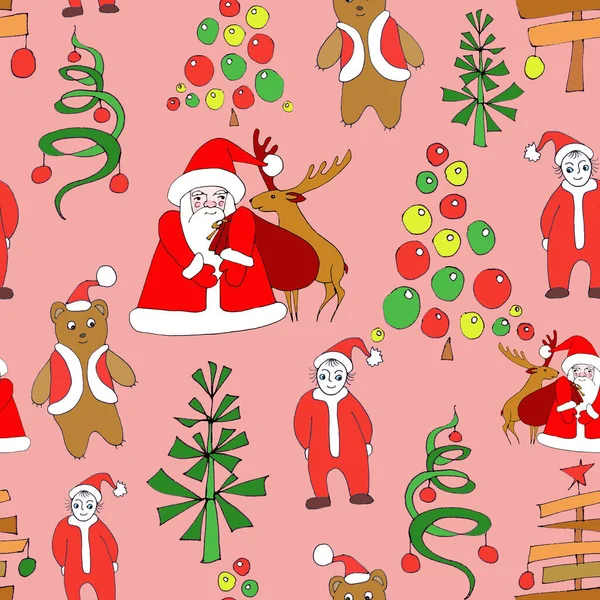 Christmas Seamless Pattern Santa Trees Other Characters Graphic Linear Color — Stock Photo, Image