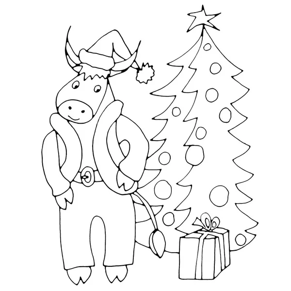 Taureau Avec Arbre Noël Cadeau Symbole 2021 Dessin Graphique Noir — Photo