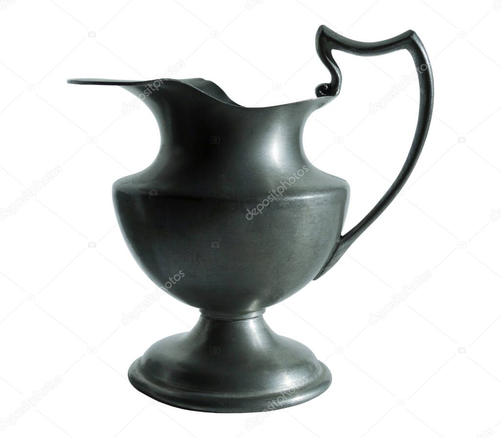 Vintage pewter jug, isolate on white background. High quality photo