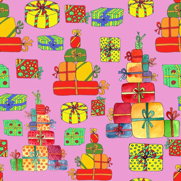 Рождественский Бесшовный Узор Подарками Красивой Упаковке Акварелью Графической Иллюстрации Розовом — стоковое фото