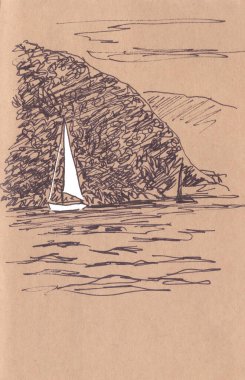 Yelkenli yat, kahverengi desenli kağıda çizimler, fotokopi alanı. Yüksek kaliteli illüstrasyon