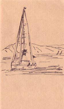 Yelkenli yat, kahverengi desenli kağıda çizimler, fotokopi alanı. Yüksek kaliteli illüstrasyon