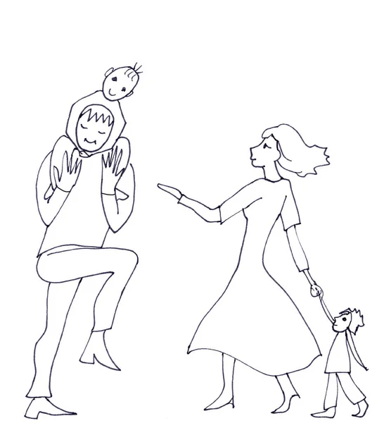 Family playing with children, graphic linear drawing on white background. High quality illustration