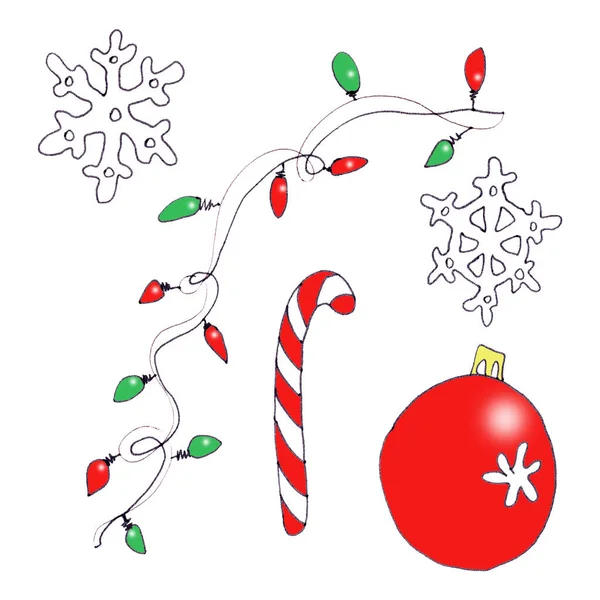 Set Weihnachtsdekoration Grafische Farbskizze Auf Weißem Hintergrund Hochwertige Illustration — Stockfoto