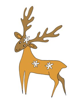 Sırtında kar taneleri olan geyik, grafik renk çizimi, beyaz arka planda izole. Yüksek kaliteli illüstrasyon