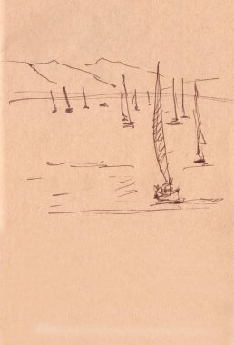 Yarış sırasında yelkenli tekneleri, desenli kahverengi arka planda grafik çizimi. Yüksek kaliteli illüstrasyon