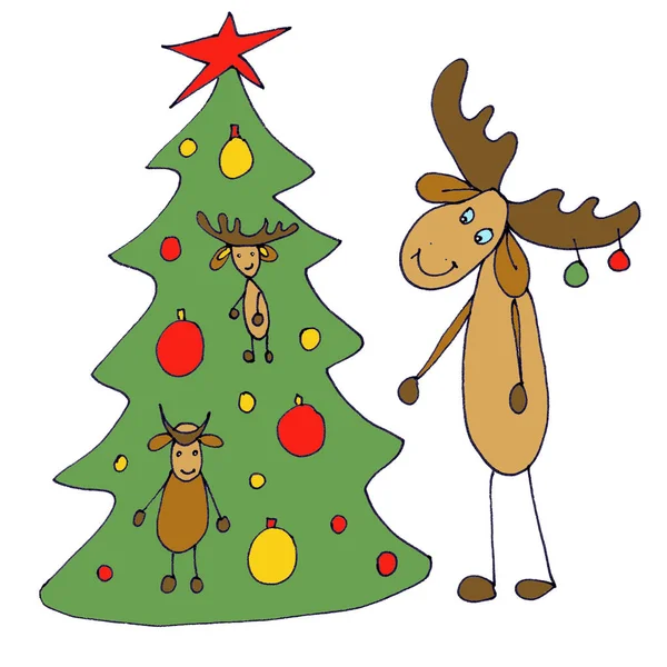 Elch Und Weihnachtsbaum Mit Dekorationen Grafische Farbzeichnung Auf Weißem Hintergrund — Stockfoto