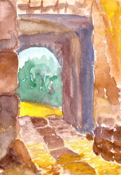 Gates Ancient Mediterranean City Watercolor Drawing Travel Sketch High Quality — Stock Photo, Image