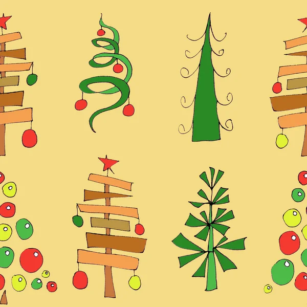 Nahtloses Weihnachtsmuster Mit Eleganten Weihnachtsbäumen Grafische Farbzeichnung Auf Gelbem Hintergrund — Stockfoto
