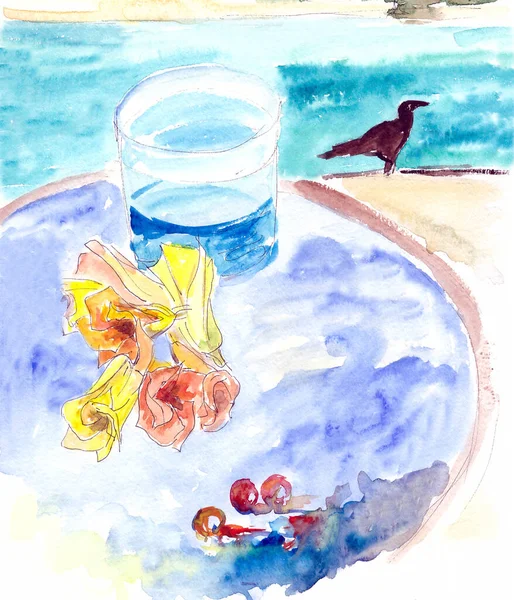 Cocktail Vid Poolen Akvarell Ritning Resa Skiss Högkvalitativ Illustration — Stockfoto