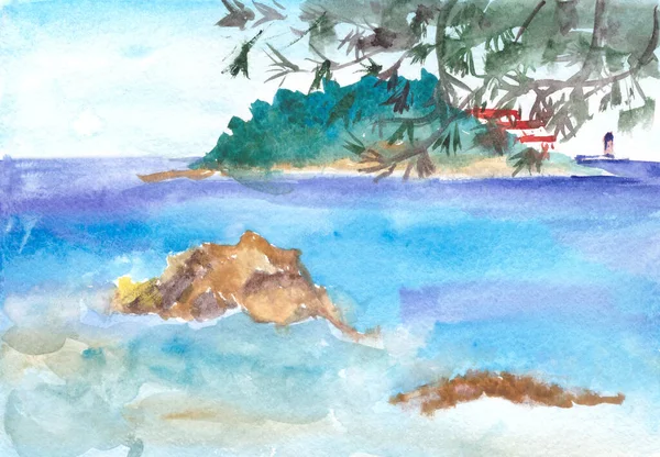 Středomořské Město Ostrově Akvarel Kresba Cestovní Skica Vysoce Kvalitní Ilustrace — Stock fotografie