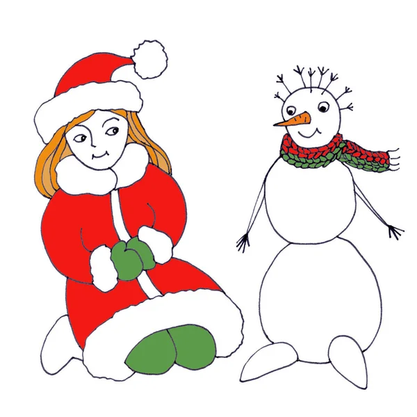 Mädchen Und Schneemann Grafische Farbskizze Auf Weißem Hintergrund Hochwertige Illustration — Stockfoto