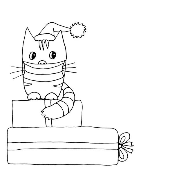 Tabby Kočka Vánoční Čepicí Lékařskou Maskou Sedí Krabicích Dárky Grafická — Stock fotografie