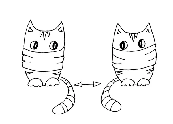 Dos Gatos Con Máscaras Médicas Mantienen Distancia Social Dibujo Gráfico —  Fotos de Stock