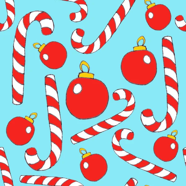 Seamless Pattern Candy Cane Sweets Christmas Tree Balls Graphic Color — Stock Photo, Image